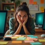 Solo founder at a busy home desk surrounded by sticky notes and glowing screens, showing focused determination and hints of overwhelm.
