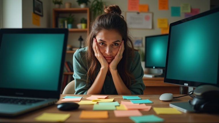 Solo founder at a busy home desk surrounded by sticky notes and glowing screens, showing focused determination and hints of overwhelm.