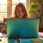Solopreneur working in a cozy home office surrounded by colorful notes and sketches, focused on a laptop amid natural sunlight and creative clutter.