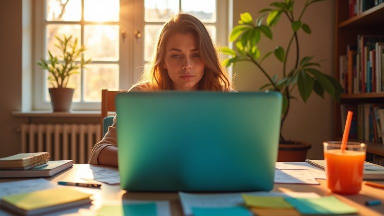 Solopreneur working in a cozy home office surrounded by colorful notes and sketches, focused on a laptop amid natural sunlight and creative clutter.