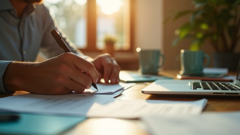 Solo founder in a sunlit home office, focused on handwritten notes beside a laptop, reflecting on ethical use of AI in a one-person business.