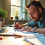 A focused solopreneur sifts through handwritten notes at a cluttered desk, sunlight highlighting papers and a laptop showing glitchy AI output in a sunlit home office.