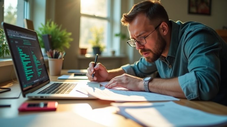 A focused solopreneur sifts through handwritten notes at a cluttered desk, sunlight highlighting papers and a laptop showing glitchy AI output in a sunlit home office.