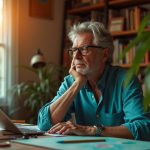 A thoughtful solopreneur working in a sunlit studio, surrounded by creative tools and devices, reflecting on ideas with a blend of natural and digital elements.