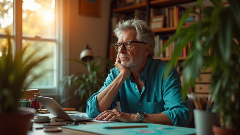 A thoughtful solopreneur working in a sunlit studio, surrounded by creative tools and devices, reflecting on ideas with a blend of natural and digital elements.