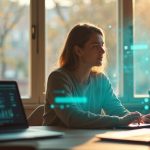 A solopreneur in a warmly lit home office focuses on multiple digital interfaces, reflecting thoughtful decision-making about AI tools.