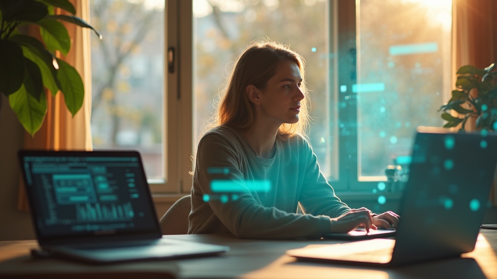 A solopreneur in a warmly lit home office focuses on multiple digital interfaces, reflecting thoughtful decision-making about AI tools.