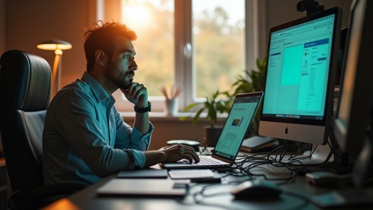 A solo entrepreneur at a cluttered home office desk, deep in thought and surrounded by tangled cables and electronic devices in soft morning light.