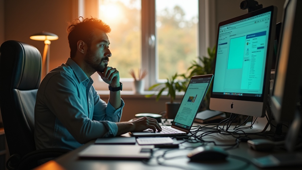 A solo entrepreneur at a cluttered home office desk, deep in thought and surrounded by tangled cables and electronic devices in soft morning light.