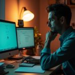 A focused solopreneur works at a cluttered desk in warm, natural evening light with computer screens showing finance software amid papers and personal items.