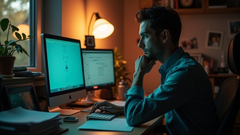 A focused solopreneur works at a cluttered desk in warm, natural evening light with computer screens showing finance software amid papers and personal items.