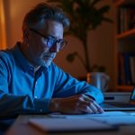 A focused solopreneur in a warmly lit home office, working on AI training data at a laptop, surrounded by colorful light reflections and creative clutter.