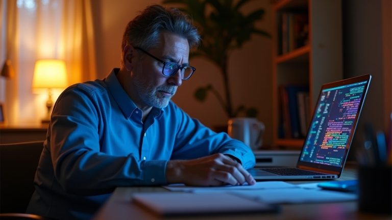 A focused solopreneur in a warmly lit home office, working on AI training data at a laptop, surrounded by colorful light reflections and creative clutter.