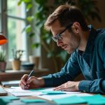 Solo founder concentrating at a cluttered home office desk with teal notes and papers, highlighting the complexity of workflow mapping.