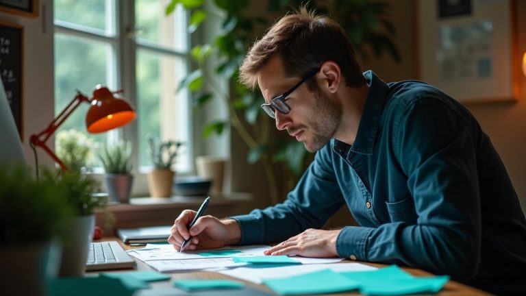Solo founder concentrating at a cluttered home office desk with teal notes and papers, highlighting the complexity of workflow mapping.