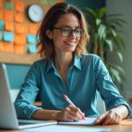 A solopreneur at a colorful home office desk, balancing digital pricing data on devices with handwritten notes, highlighting real-time decision-making challenges.