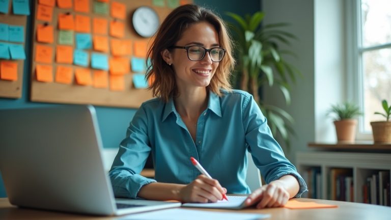 A solopreneur at a colorful home office desk, balancing digital pricing data on devices with handwritten notes, highlighting real-time decision-making challenges.