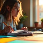 Solo entrepreneur working at a colorful desk, focused on organizing notes and setting up a digital lead magnet process in a sunlit home office.