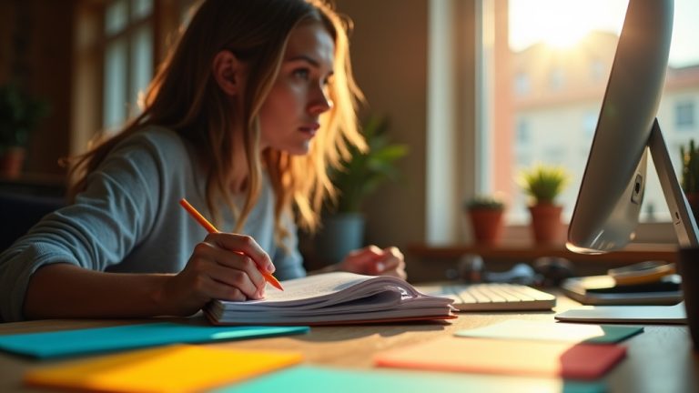 Solo entrepreneur working at a colorful desk, focused on organizing notes and setting up a digital lead magnet process in a sunlit home office.