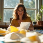 Solopreneur at a cluttered blue desk in a sunlit home office, appearing deep in thought while surrounded by papers, highlighting productivity challenges.