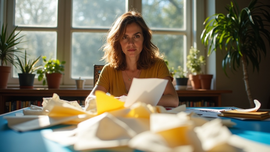 Solopreneur at a cluttered blue desk in a sunlit home office, appearing deep in thought while surrounded by papers, highlighting productivity challenges.