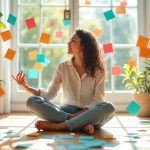 A solo founder sits cross-legged in a bright home office, surrounded by swirling colorful Post-its, focusing on managing personal client onboarding tasks.