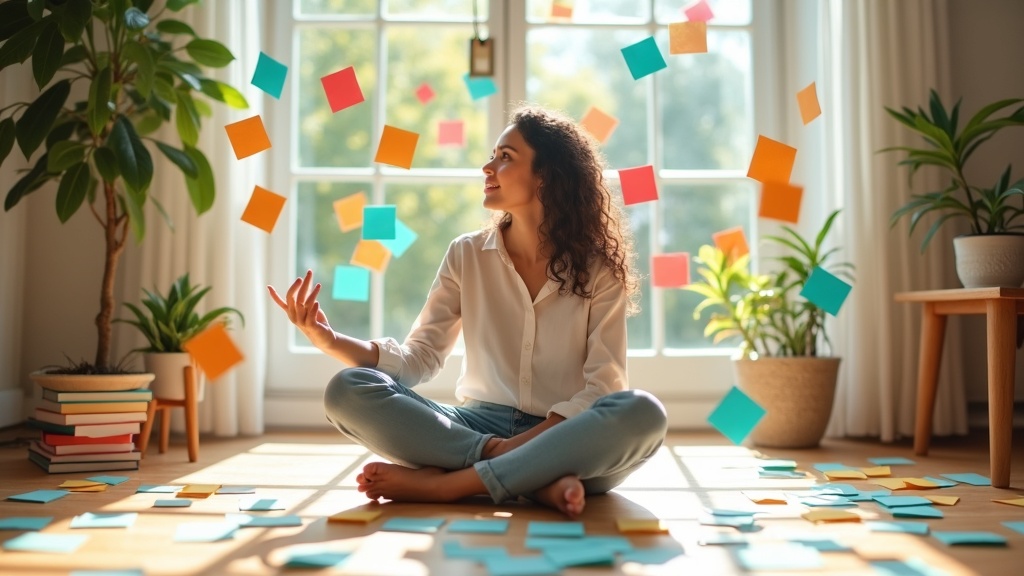 A solo founder sits cross-legged in a bright home office, surrounded by swirling colorful Post-its, focusing on managing personal client onboarding tasks.