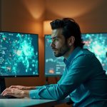 A focused solopreneur at a modern desk in a bright home office, working with multiple screens displaying abstract AI visuals, illuminated by a mix of natural and screen light.