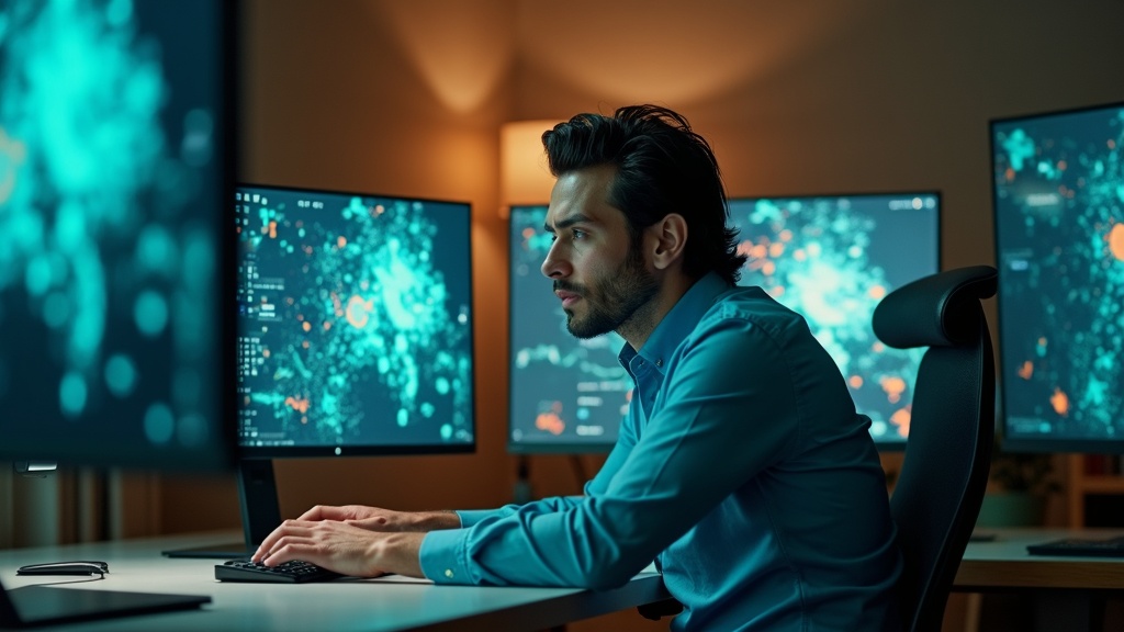 A focused solopreneur at a modern desk in a bright home office, working with multiple screens displaying abstract AI visuals, illuminated by a mix of natural and screen light.