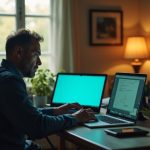 A focused solopreneur at a cluttered home office desk surrounded by multiple glowing devices, highlighting the challenges of managing automation alone.