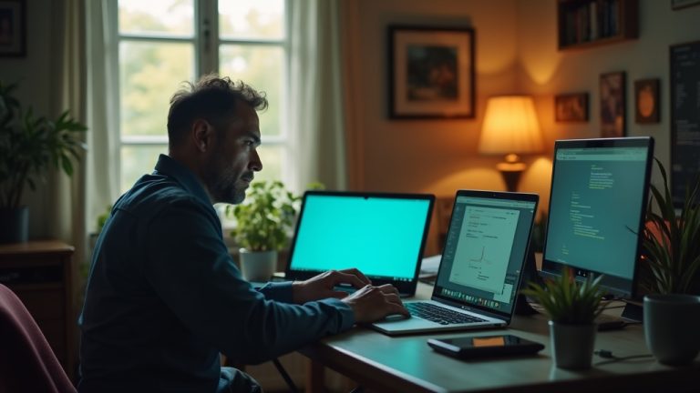 A focused solopreneur at a cluttered home office desk surrounded by multiple glowing devices, highlighting the challenges of managing automation alone.