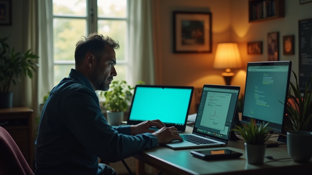 A focused solopreneur at a cluttered home office desk surrounded by multiple glowing devices, highlighting the challenges of managing automation alone.