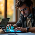 A focused solo entrepreneur refining digital work in a warmly lit workspace, blending digital screens and hands-on tools in a modern setting.