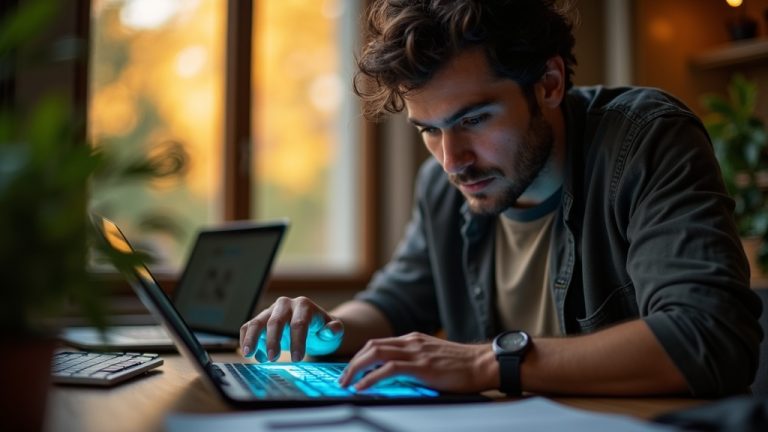 A focused solo entrepreneur refining digital work in a warmly lit workspace, blending digital screens and hands-on tools in a modern setting.