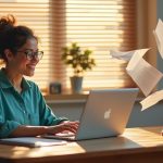 A solo business owner focused on their laptop in a sunlit home office, surrounded by swirling papers and warm colors reflecting a productive workflow.