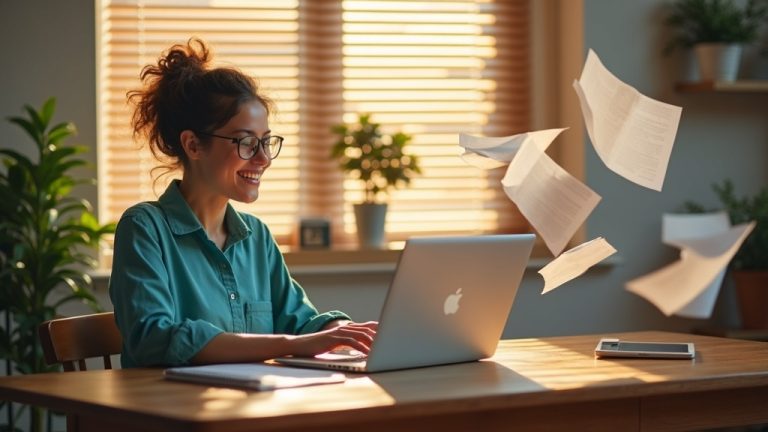 A solo business owner focused on their laptop in a sunlit home office, surrounded by swirling papers and warm colors reflecting a productive workflow.