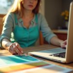 A solo entrepreneur in a sunlit home office carefully choosing color swatches at a wooden desk, embodying thoughtful brand decision-making with AI tools.