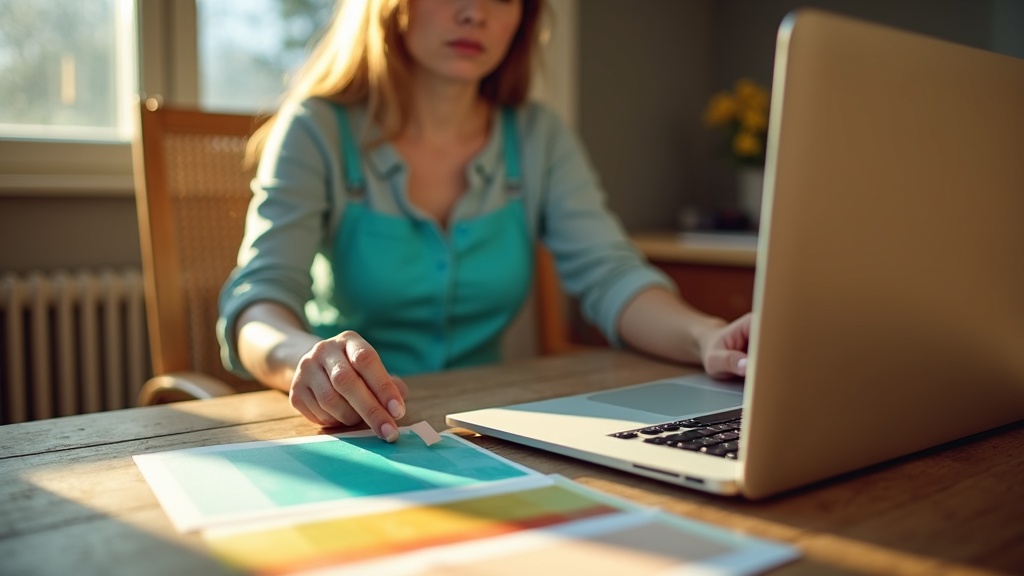 A solo entrepreneur in a sunlit home office carefully choosing color swatches at a wooden desk, embodying thoughtful brand decision-making with AI tools.