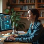 Solo founder working in a warmly lit home office, surrounded by AI tool screens and personal touches, reflecting the realities of customizing AI for small businesses.
