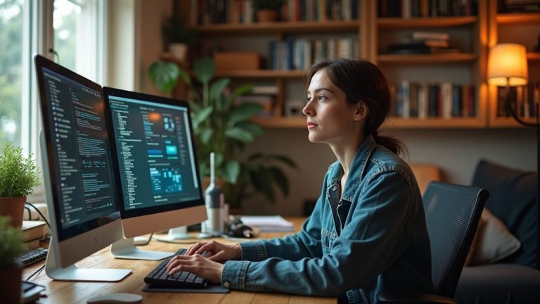 Solo founder working in a warmly lit home office, surrounded by AI tool screens and personal touches, reflecting the realities of customizing AI for small businesses.