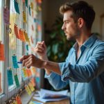 Solo founder in a warmly lit home office, studying a wall of connected notes and strings while considering the next step in their business automation process