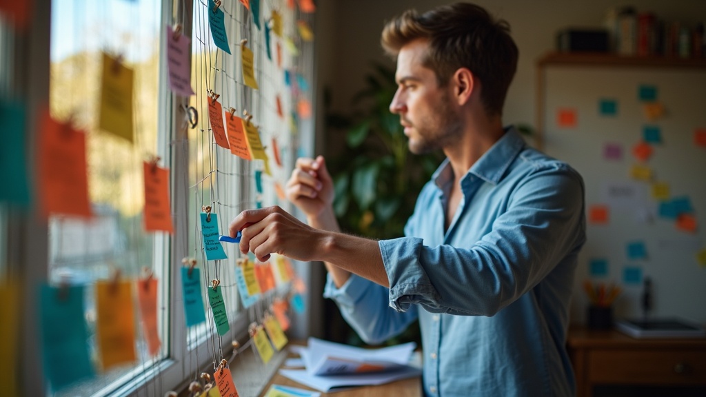 Solo founder in a warmly lit home office, studying a wall of connected notes and strings while considering the next step in their business automation process