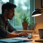 A solo founder focuses at a cluttered home office desk, surrounded by tech and personal items, visibly balancing productivity and fatigue.