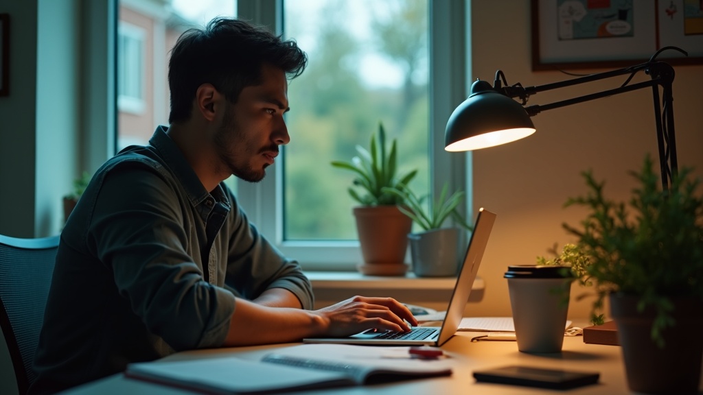 A solo founder focuses at a cluttered home office desk, surrounded by tech and personal items, visibly balancing productivity and fatigue.