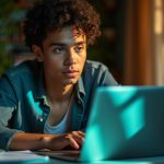 A focused solopreneur at a home office desk, working on a laptop amid colorful light patterns and a warm afternoon glow