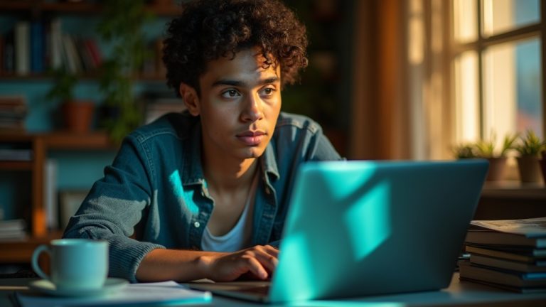 A focused solopreneur at a home office desk, working on a laptop amid colorful light patterns and a warm afternoon glow