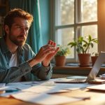 A focused solo founder in a sunlit home office manages customer support tasks with multiple digital devices, embodying busy yet effective solo entrepreneurship.