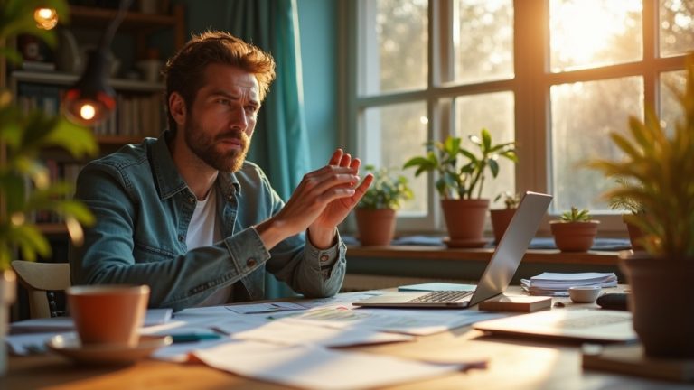 A focused solo founder in a sunlit home office manages customer support tasks with multiple digital devices, embodying busy yet effective solo entrepreneurship.