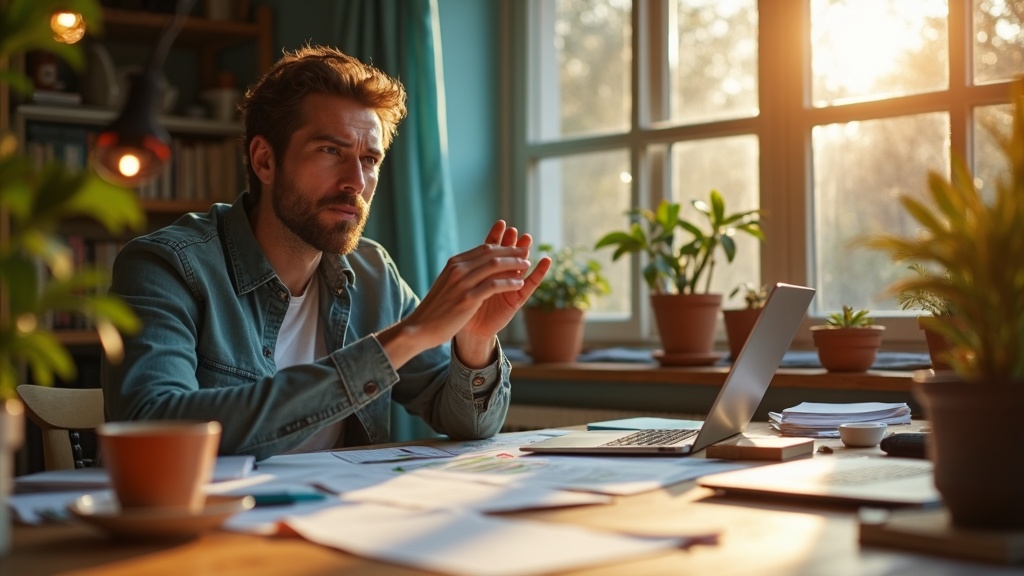 A focused solo founder in a sunlit home office manages customer support tasks with multiple digital devices, embodying busy yet effective solo entrepreneurship.