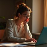 A focused woman in a cozy home office balances customer queries with digital assistance, sunlight highlighting her workspace as an AI interface subtly reflects in the window.